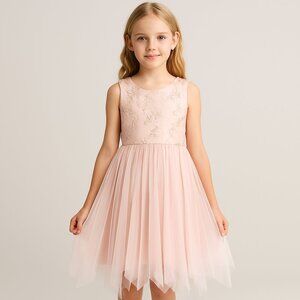 Bonnie Jean Fancy Tulle Dress Sleeveless Floral Embroidery Pink Size 8